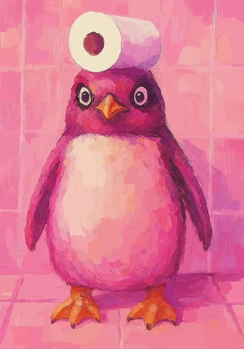Pinguino rosa con cappello in carta igienica pellicola backlit da Tory