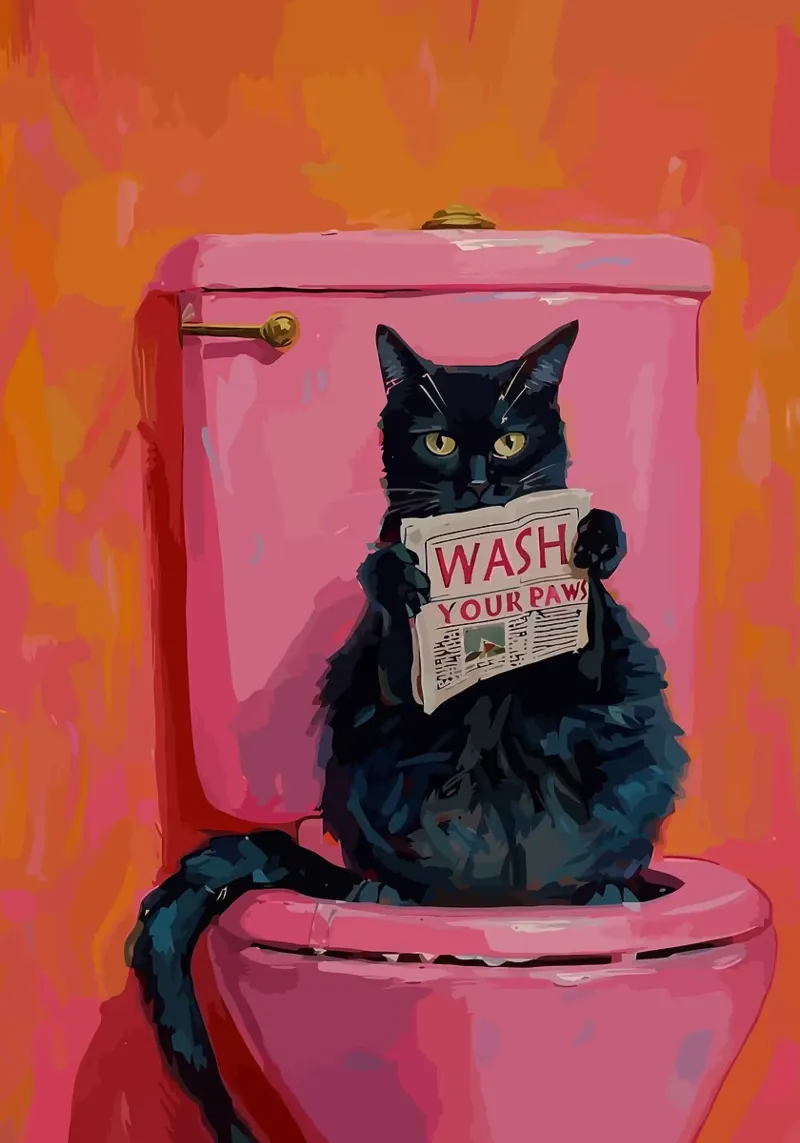 Gato en el retrete con un periódico metacrilato de bazi