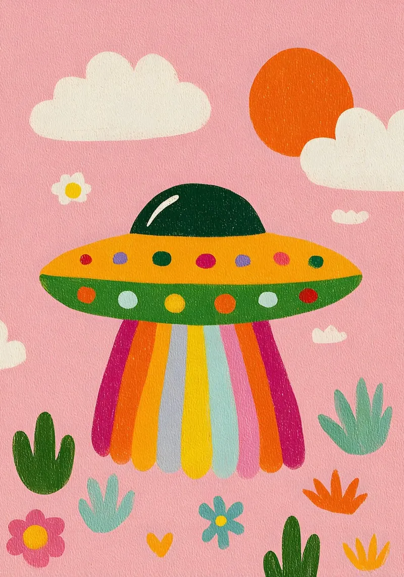 UFO colorato in un paesaggio rosa alluminio dibond da kakaka