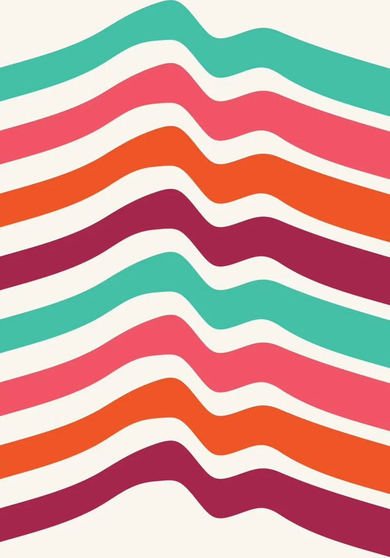 Stampa d'arte retrò a linee ondulate - Design groovy verde acqua rosa arancione alluminio dibond da Grungeo