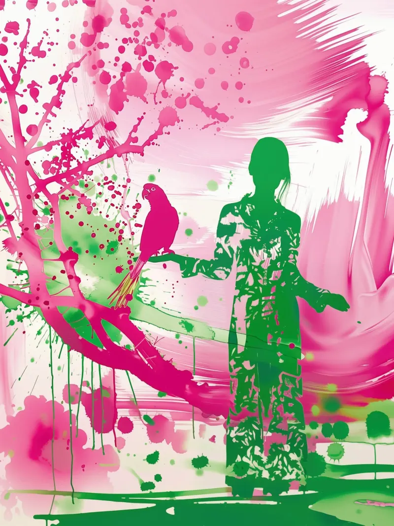 Donna verde con pappagallo rosa | Rivolta spontanea di colori poster da Autofocus