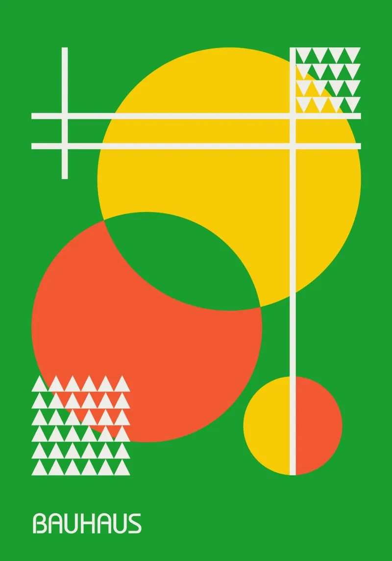 Cercles et triangles abstraits Bauhaus - Vert Jaune Orange hahnemühle de Grungeo