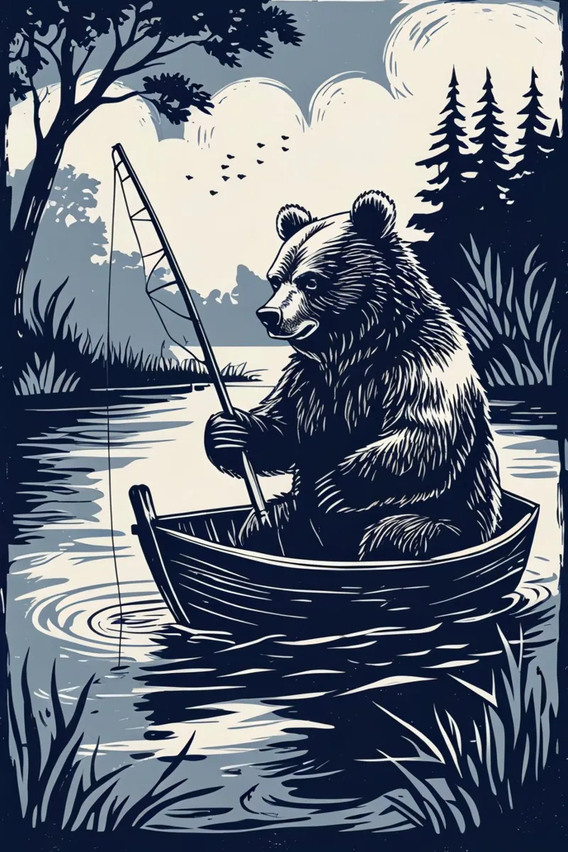 Bär beim Fischen in einem Boot Alu-Dibond von DesignDoodle