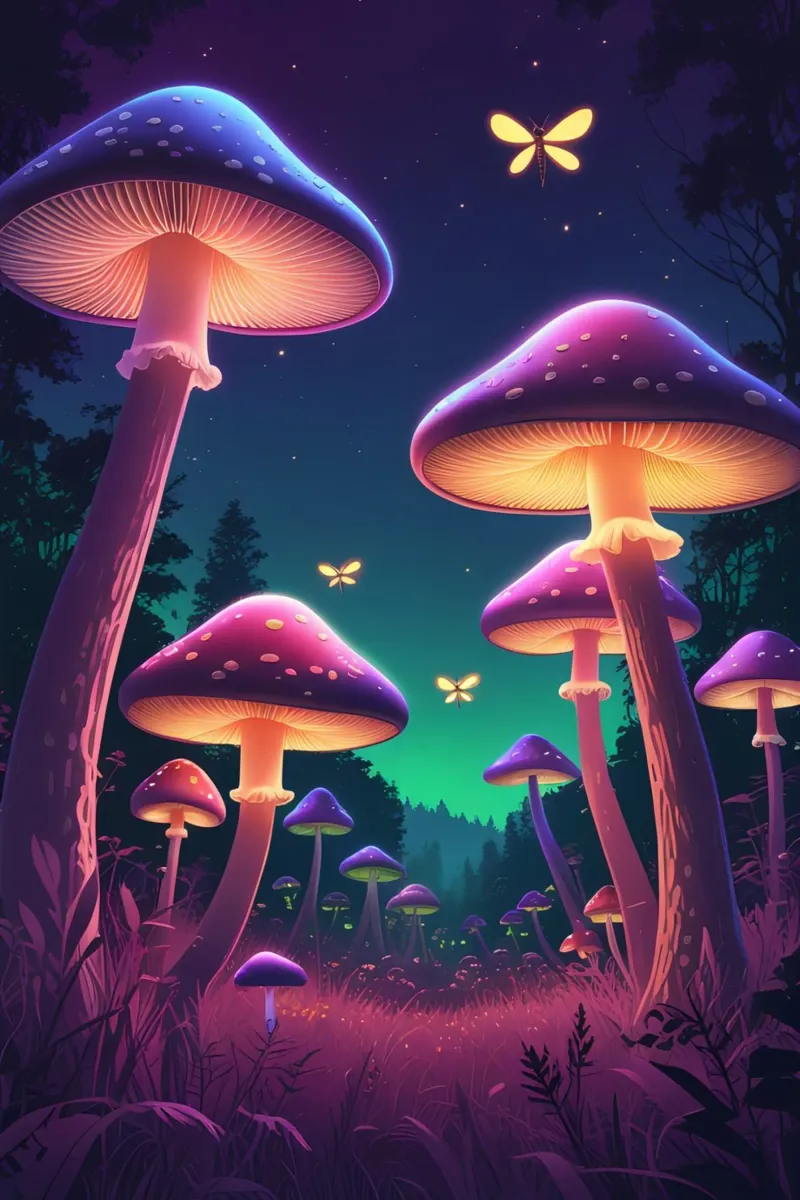 Funghi bioluminescenti e lucciole nella notte della foresta pellicola backlit da DesignDoodle
