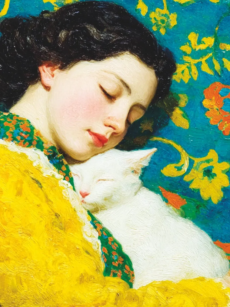 Ragazza con gatto bianco alluminio dibond da Puschkinowa
