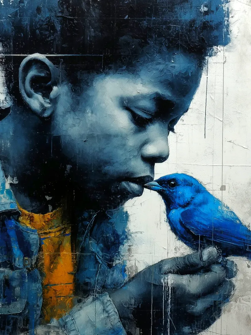 Ragazzo con uccello blu plexiglass da Puschkinowa