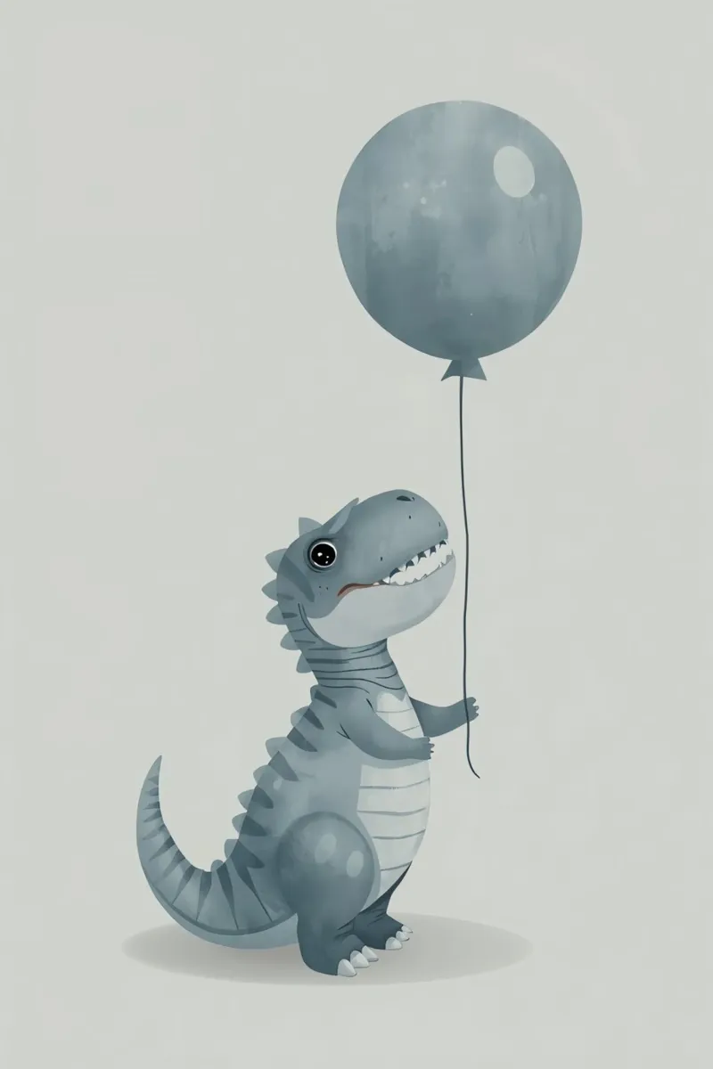 Simpatico dinosauro grigio-blu che tiene in mano un palloncino carta hahnemühle da DesignDoodle