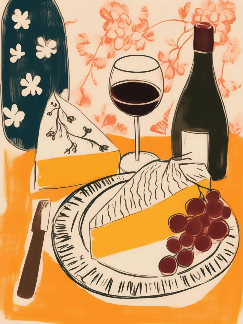Natura morta francese con vino, uva e formaggio carta hahnemühle da Autofocus
