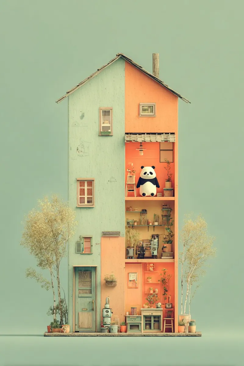 Panda's Tiny Home poster con telaio in legno da wonderfolk