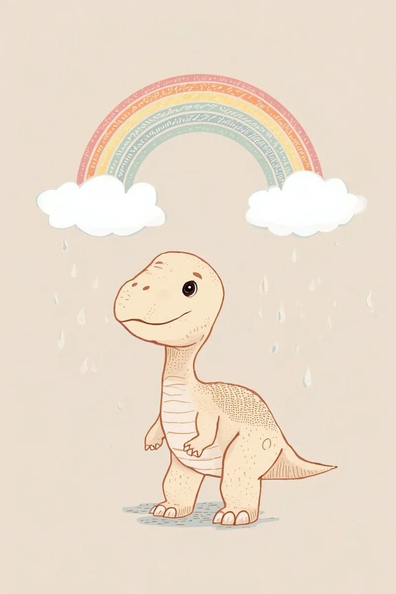 Adorabile dinosauro sotto l'arcobaleno e la pioggia carta hahnemühle da DesignDoodle