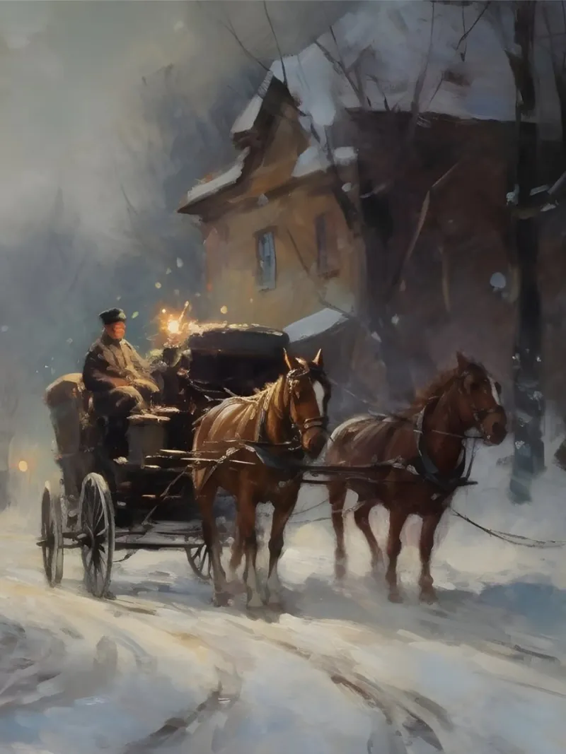 Carrozza trainata da cavalli in una sera d'inverno: il romanticismo dei tempi passati pellicola backlit da Cozy Vibes