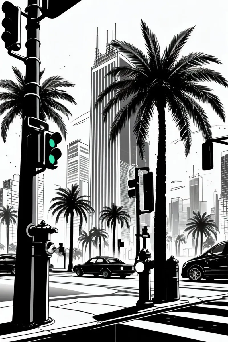 Intersezione di una strada cittadina con palme ed edifici tela da DesignDoodle