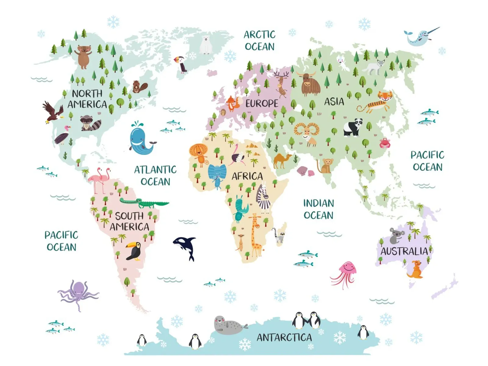 Nursery Animal World Map in Pastels poster with aluminum frame by Piccalilli Prints