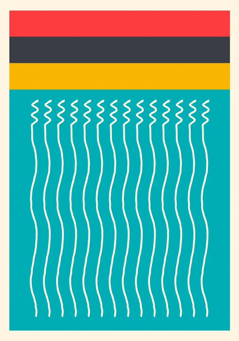 Poster abstrait lignes ondulées sarcelle jaune rouge art géométrique hahnemühle de Grungeo