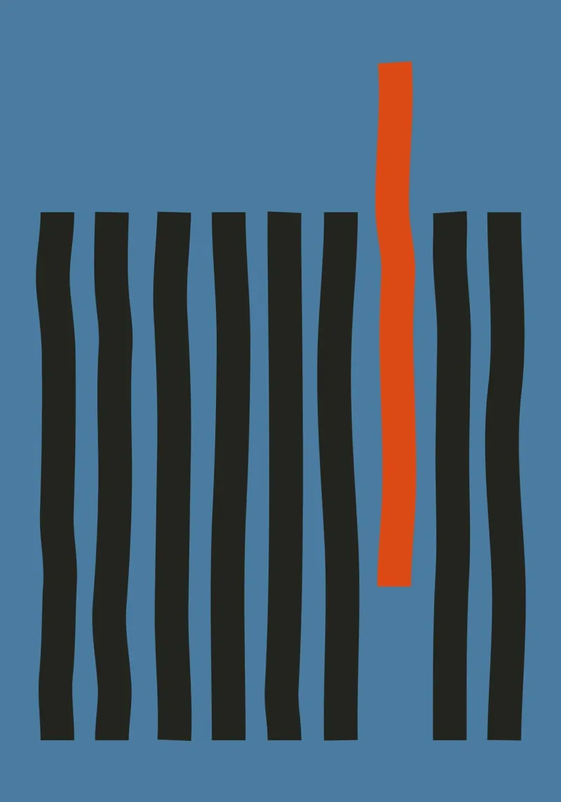 Abstracte streepjescode Oranje Contrast Minimalistische print Blauw hahnemühle van Grungeo