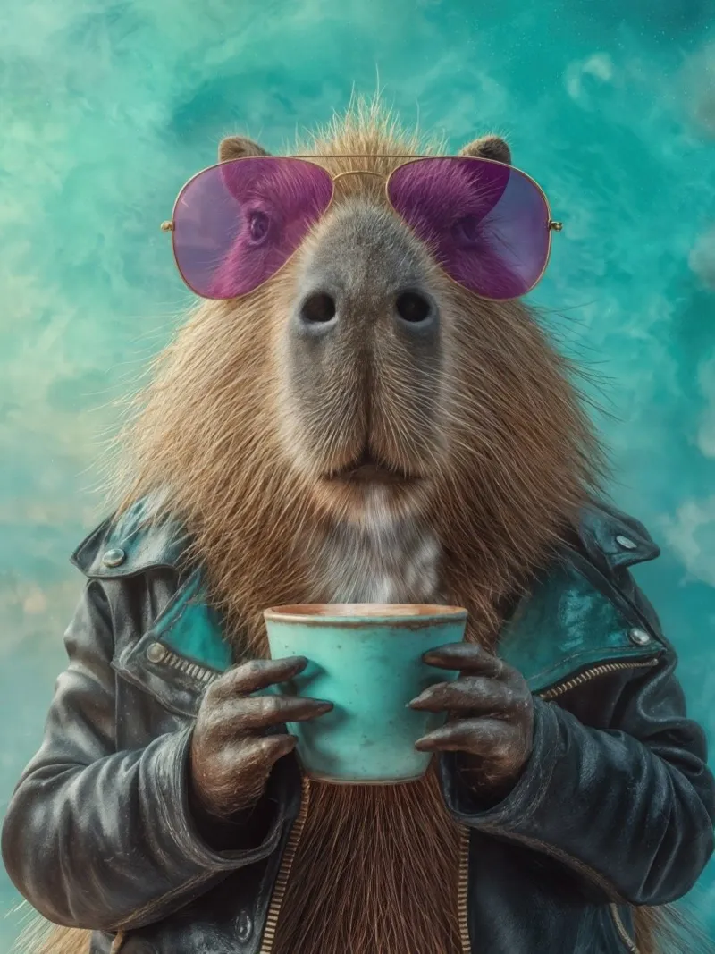 Elegante capibara in giacca di pelle con caffè mattutino alluminio dibond da Wumples