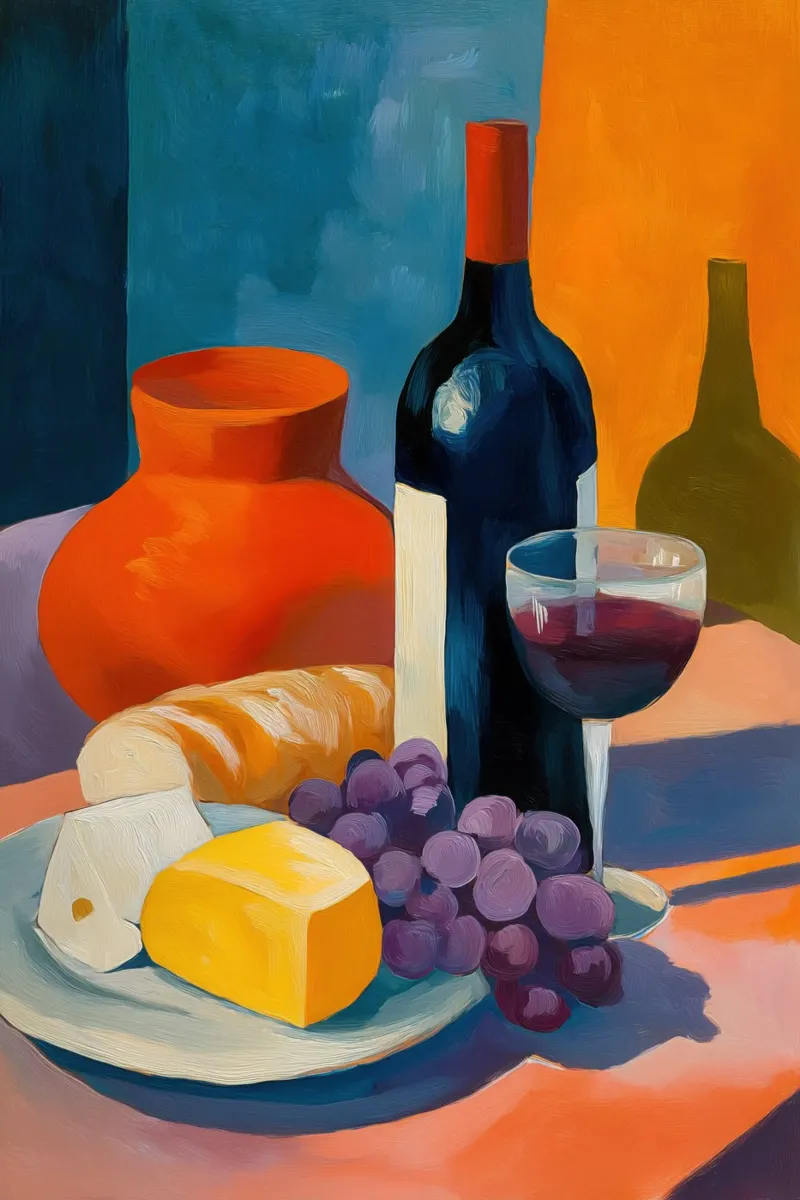 Le cose semplici | Natura morta di vino, formaggio e pane pellicola backlit da Autofocus