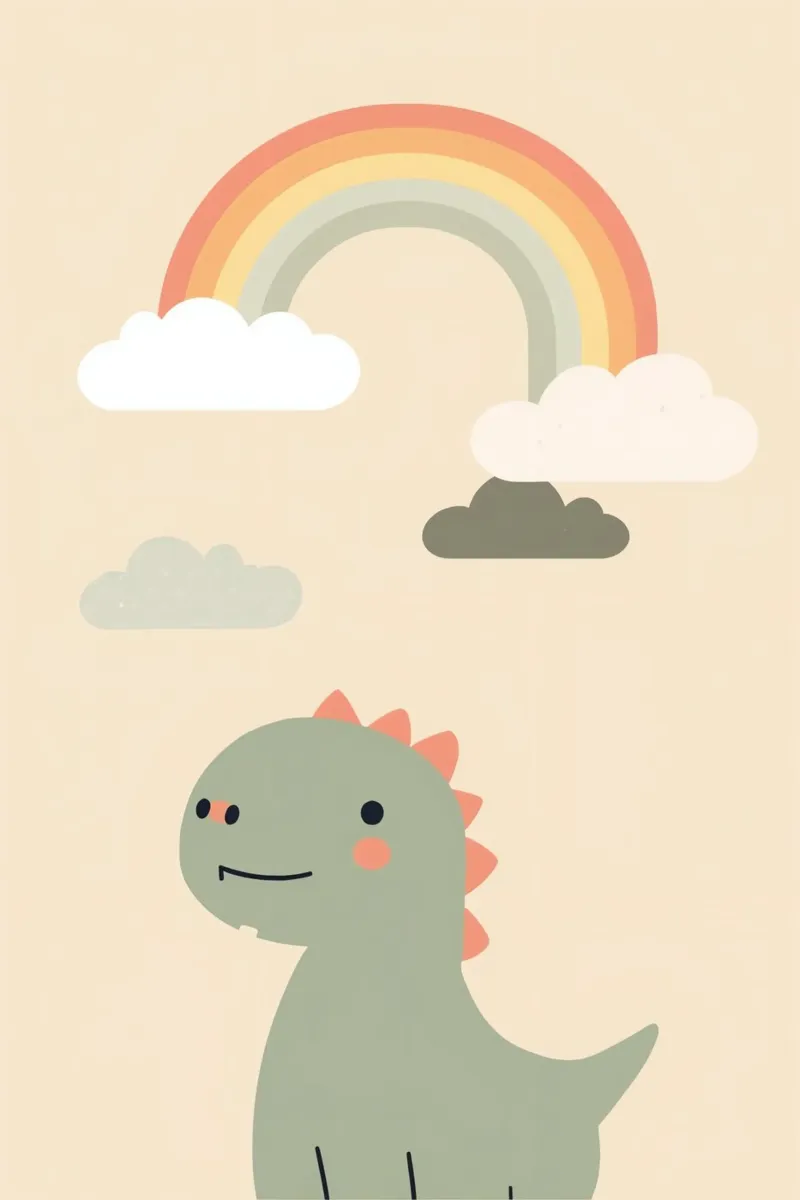 Simpática ilustración de dinosaurio y arco iris metacrilato de DesignDoodle