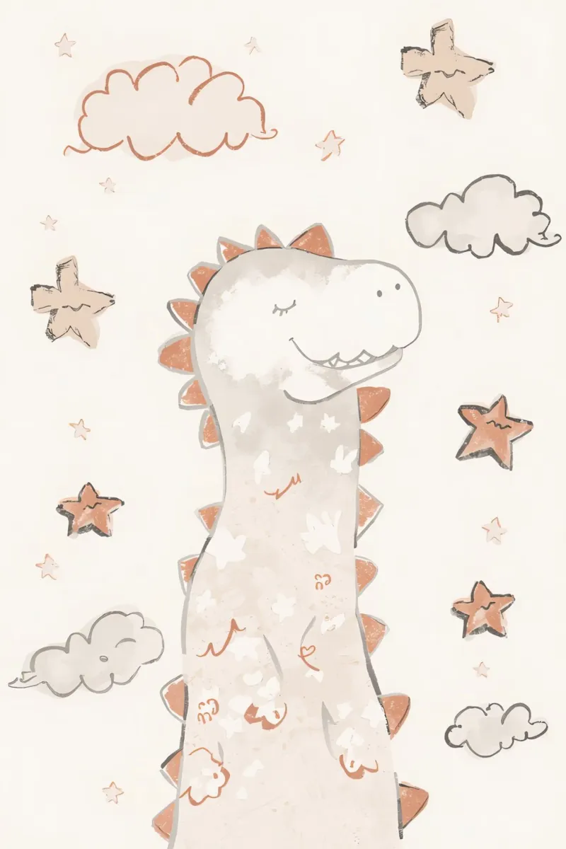 Illustrazione di un simpatico dinosauro felice con nuvole e stelle pannello forex da DesignDoodle