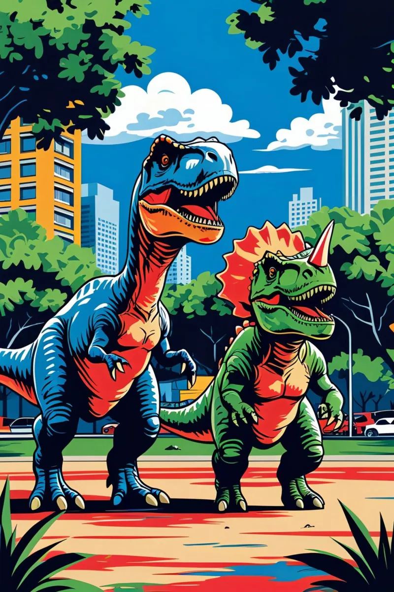 Dinosauri retrò in un parco con edifici urbani tela da DesignDoodle