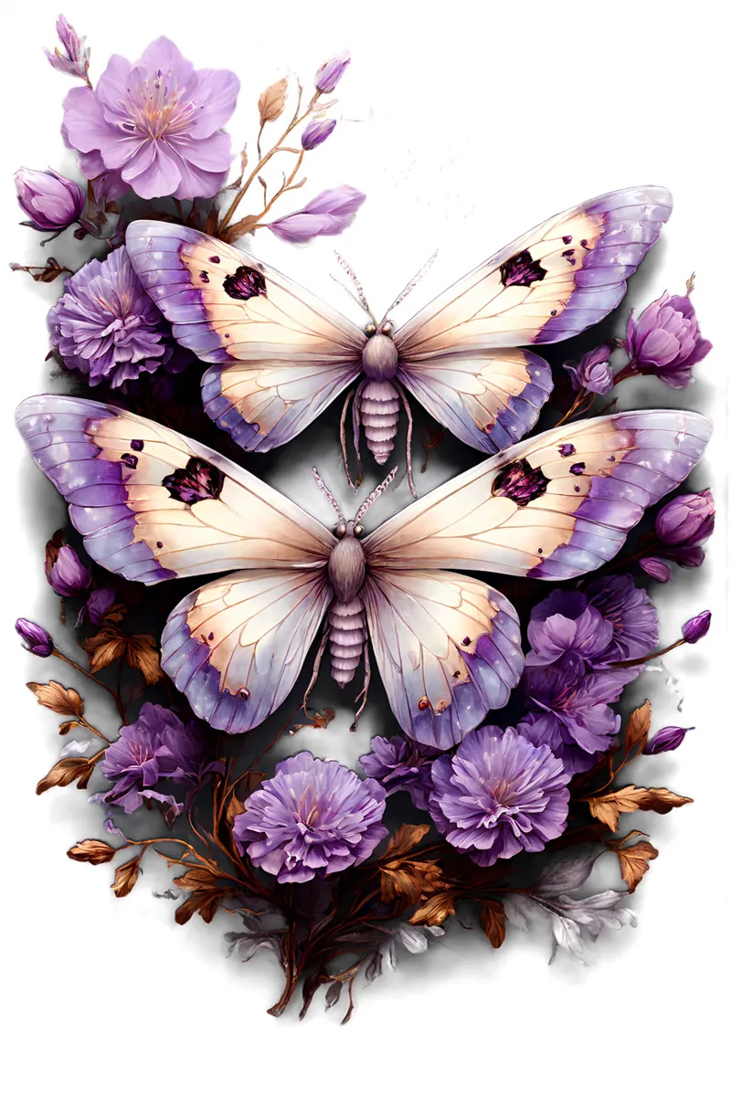 Falene magiche con fiori viola alluminio dibond da Eva Nev