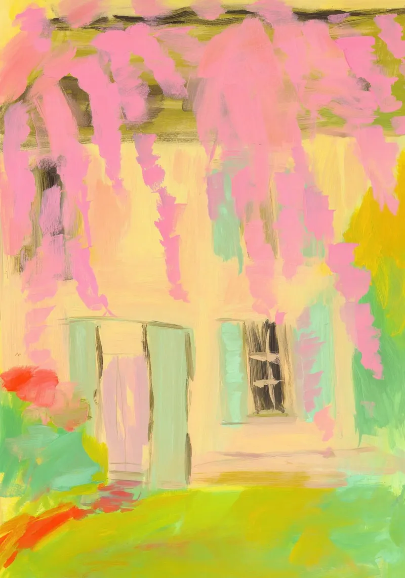 Casa gialla con tende a fiori rosa carta hahnemühle da Bright Horizons