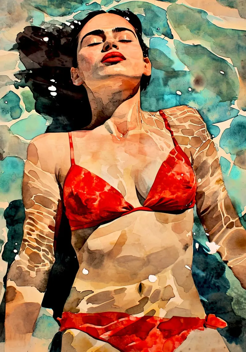 Donna Vita - Illustrazione acquerello bagno caldo poster con telaio in legno da Justyna Jaszke JBJart