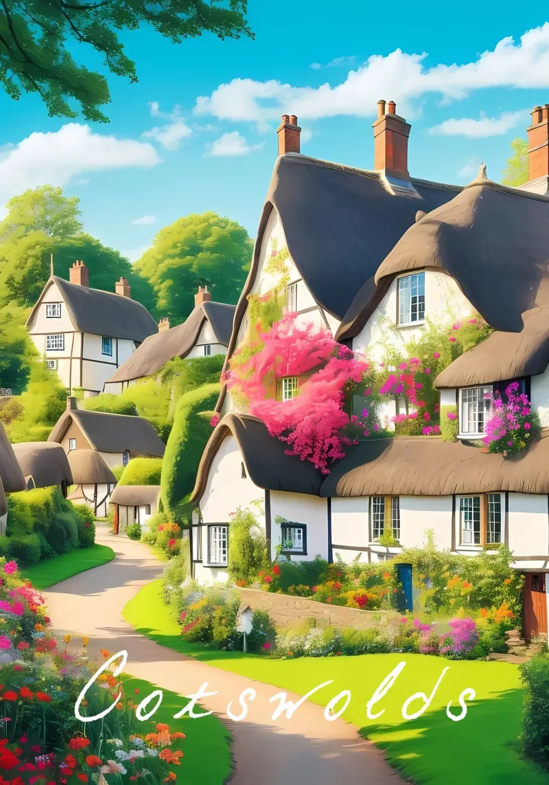 Scena di villaggio Cotswolds Inghilterra poster da Charnwood Prints