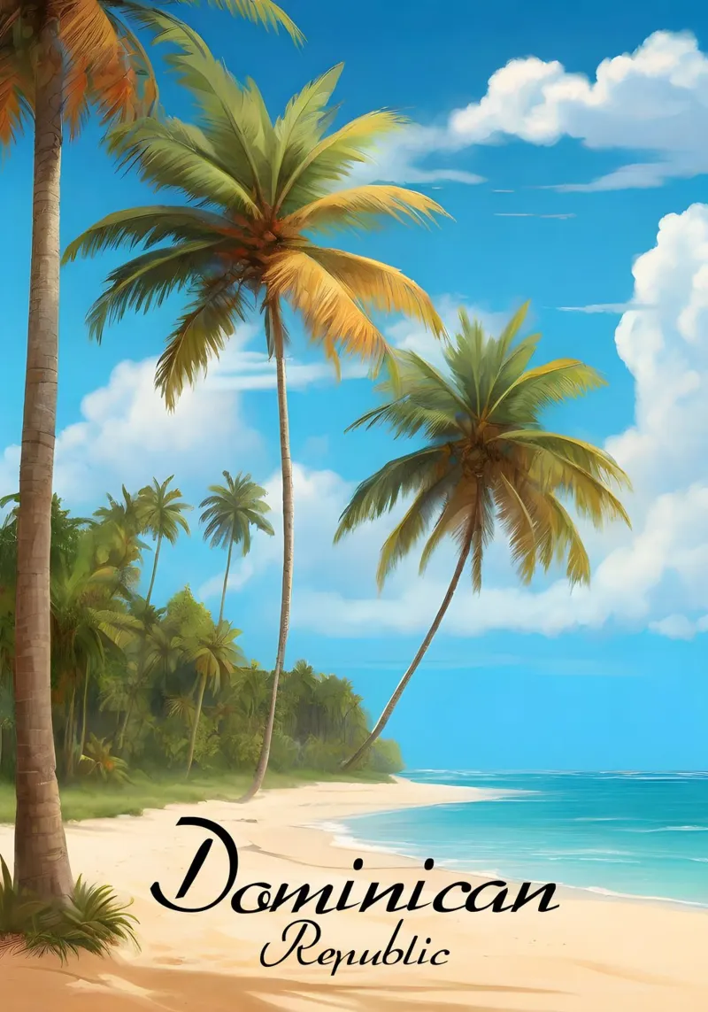 Scena di spiaggia tropicale della Repubblica Dominicana poster con telaio in alluminio da Charnwood Prints