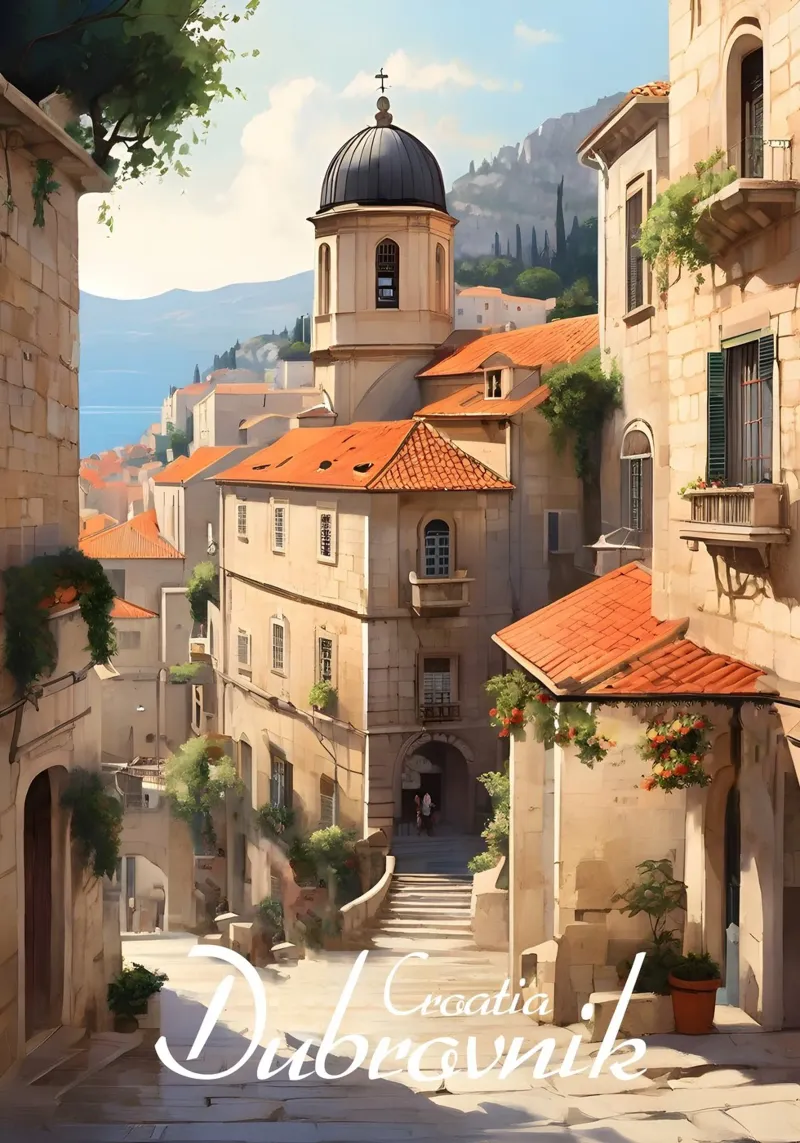 Scena di strada a Dubrovnik tela con Cornice a cassetta da Charnwood Prints