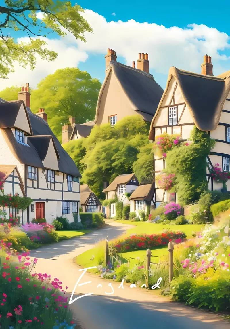 Scena di villaggio inglese poster con telaio in alluminio da Charnwood Prints