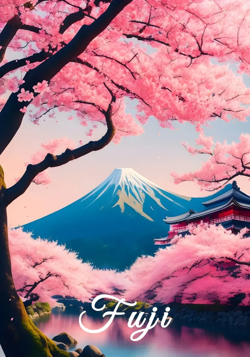 Fuji Giappone Scena di ciliegi in fiore pellicola backlit da Charnwood Prints