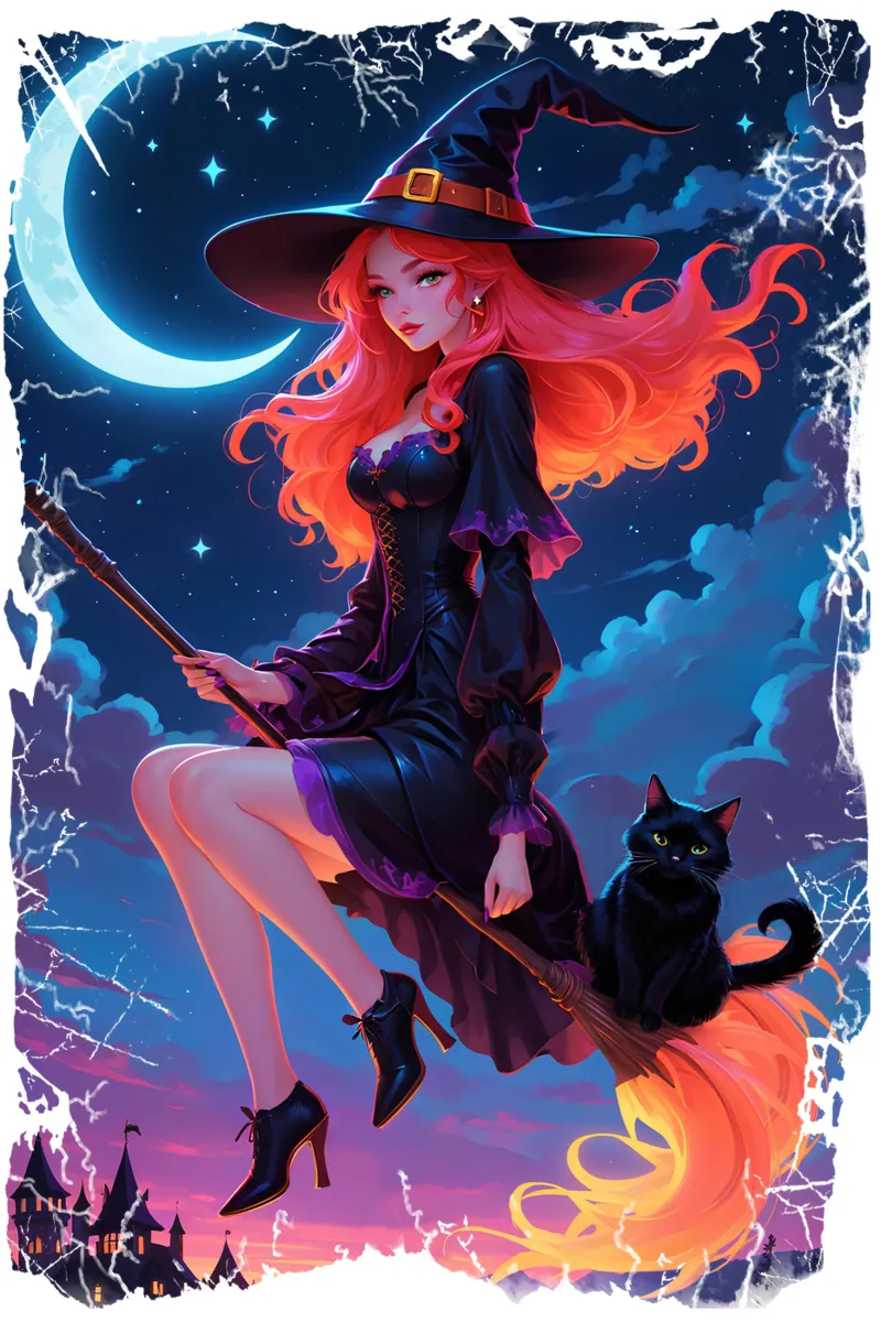 Witch and Black Cat Flying on a Broom alu-dibond by Eva Nev