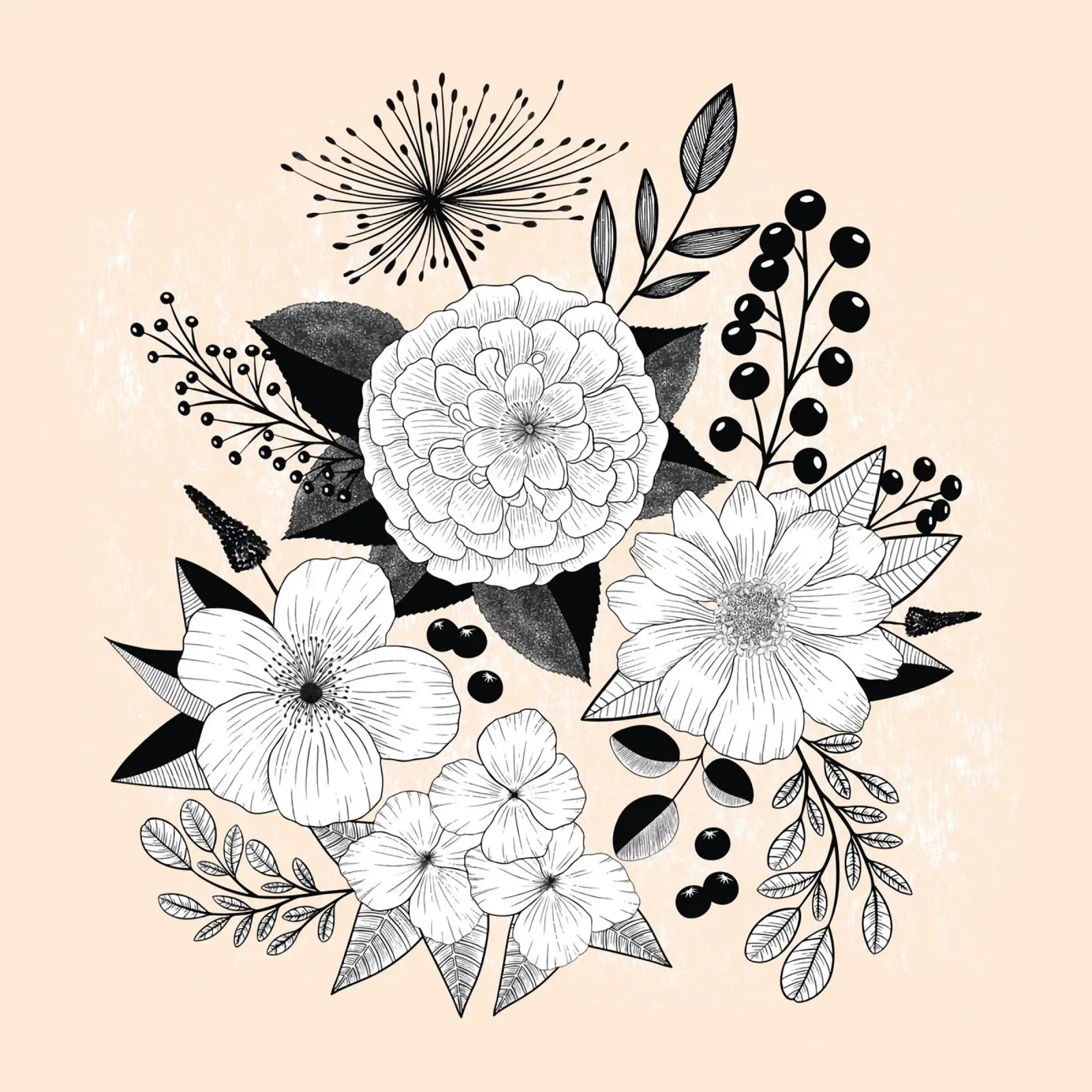 Fiori line art. Bianco e nero. Sfondo strutturato. pellicola backlit da CalliLetters