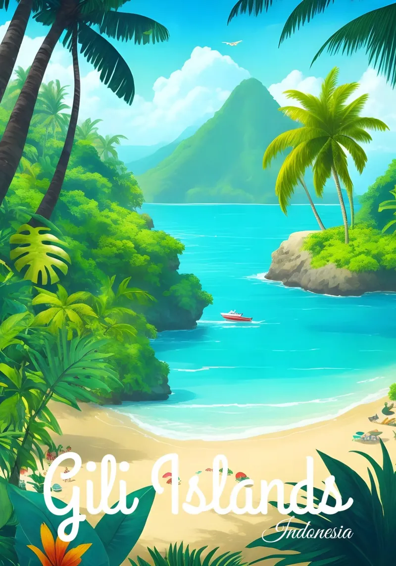 Isole Gili Indonesia Scena di spiaggia tropicale poster da Charnwood Prints