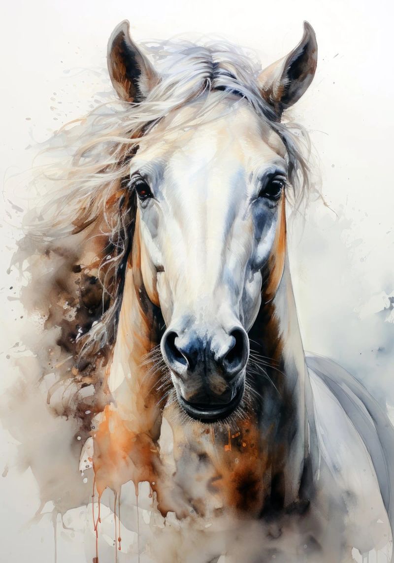 White horse watercolor animal art poster by Justyna Jaszke JBJart