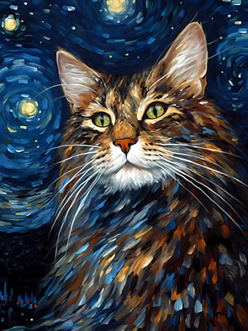Starry Night Cat poster con telaio in alluminio da Artsy Bessy