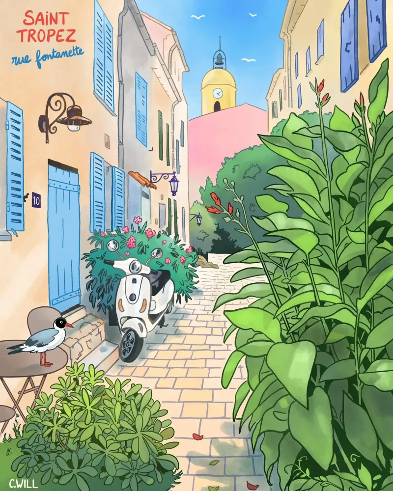 Saint-Tropez, rue Fontanette poster con telaio in legno da C.WILL