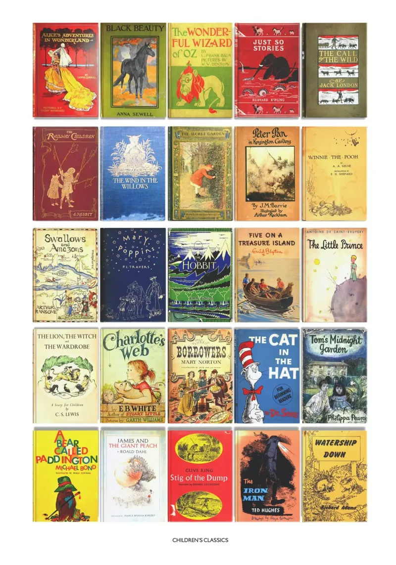 I più grandi libri per l'infanzia - Raccolta di copertine della prima edizione poster con telaio in alluminio da MissLiterarty