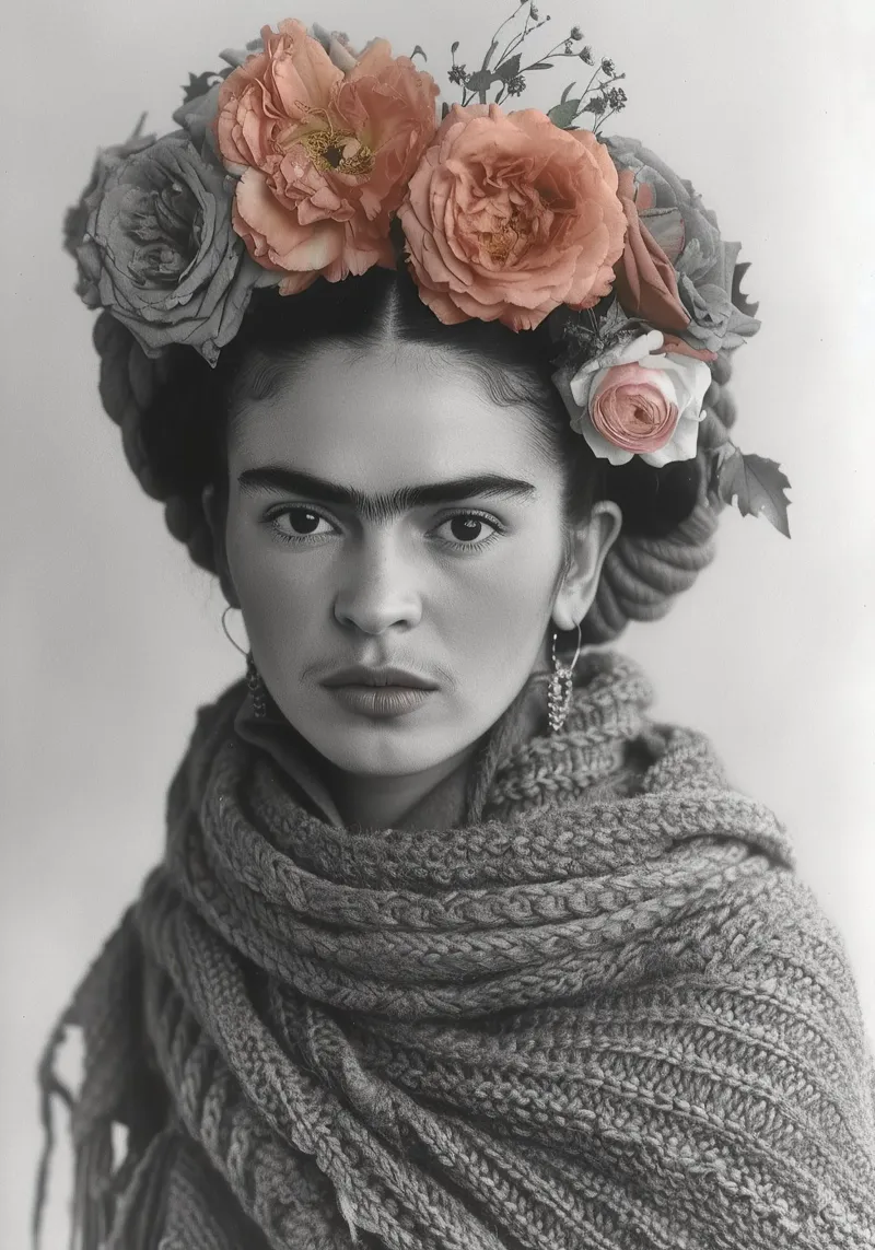 Frida Kahlo "Echoes of Passion" Poster mit Holzrahmen von Fantasias Florales