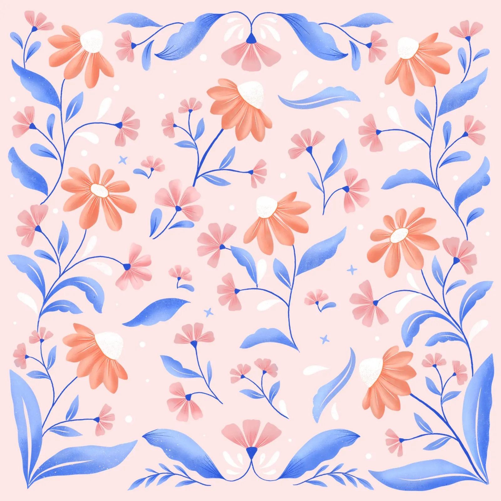 Gebloemd lentepatroon in perzikkleur met contrasterend blauw canvas van CalliLetters