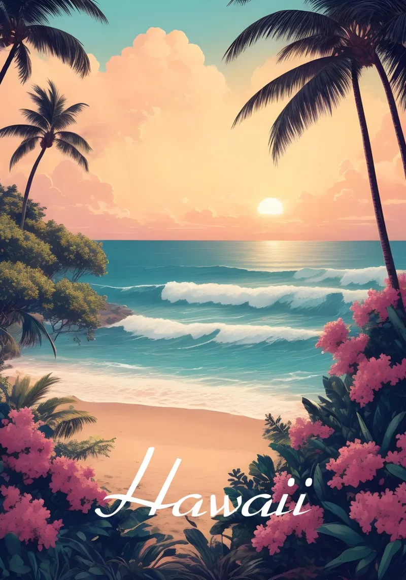 Scena di spiaggia tropicale alle Hawaii pellicola backlit da Charnwood Prints