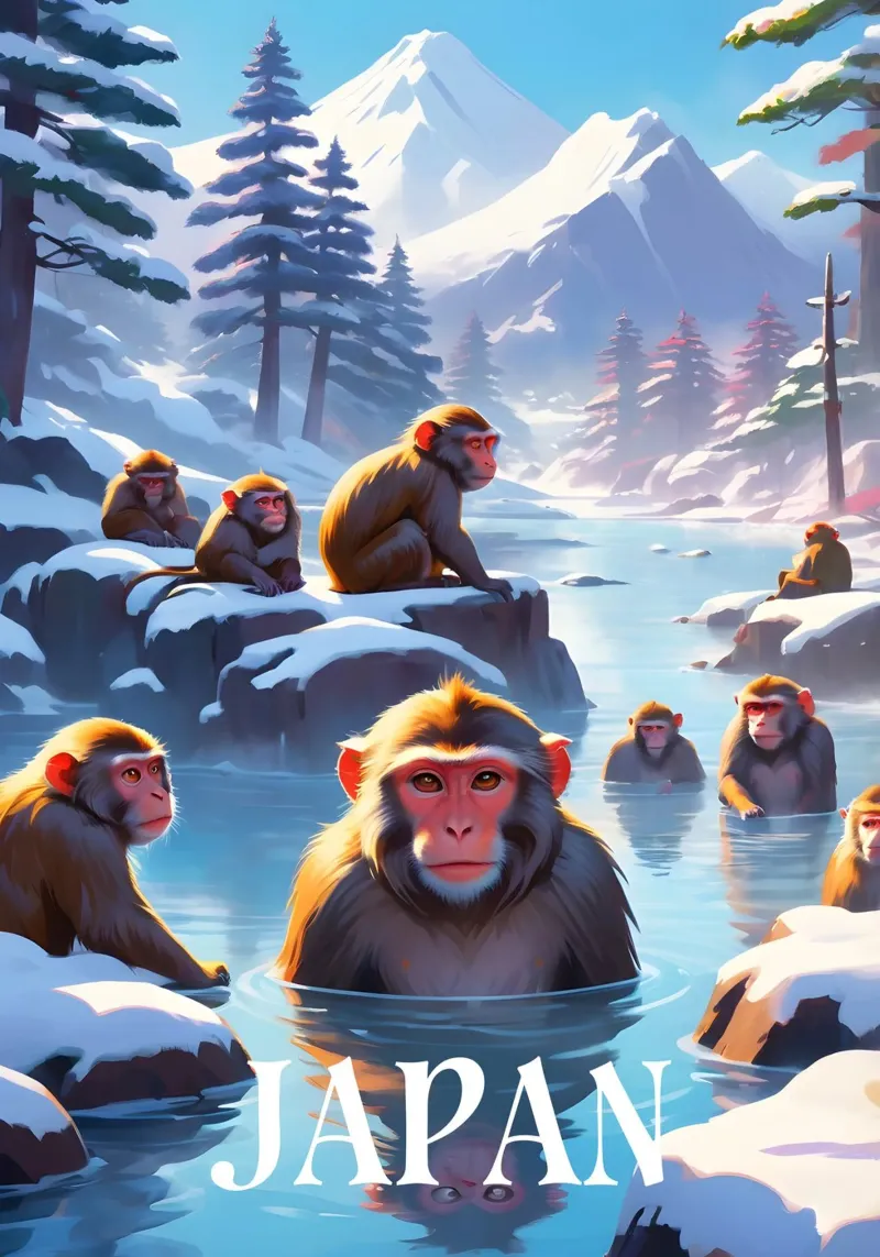 Macachi giapponesi in scena a Hot Springs poster con telaio in plastica da Charnwood Prints