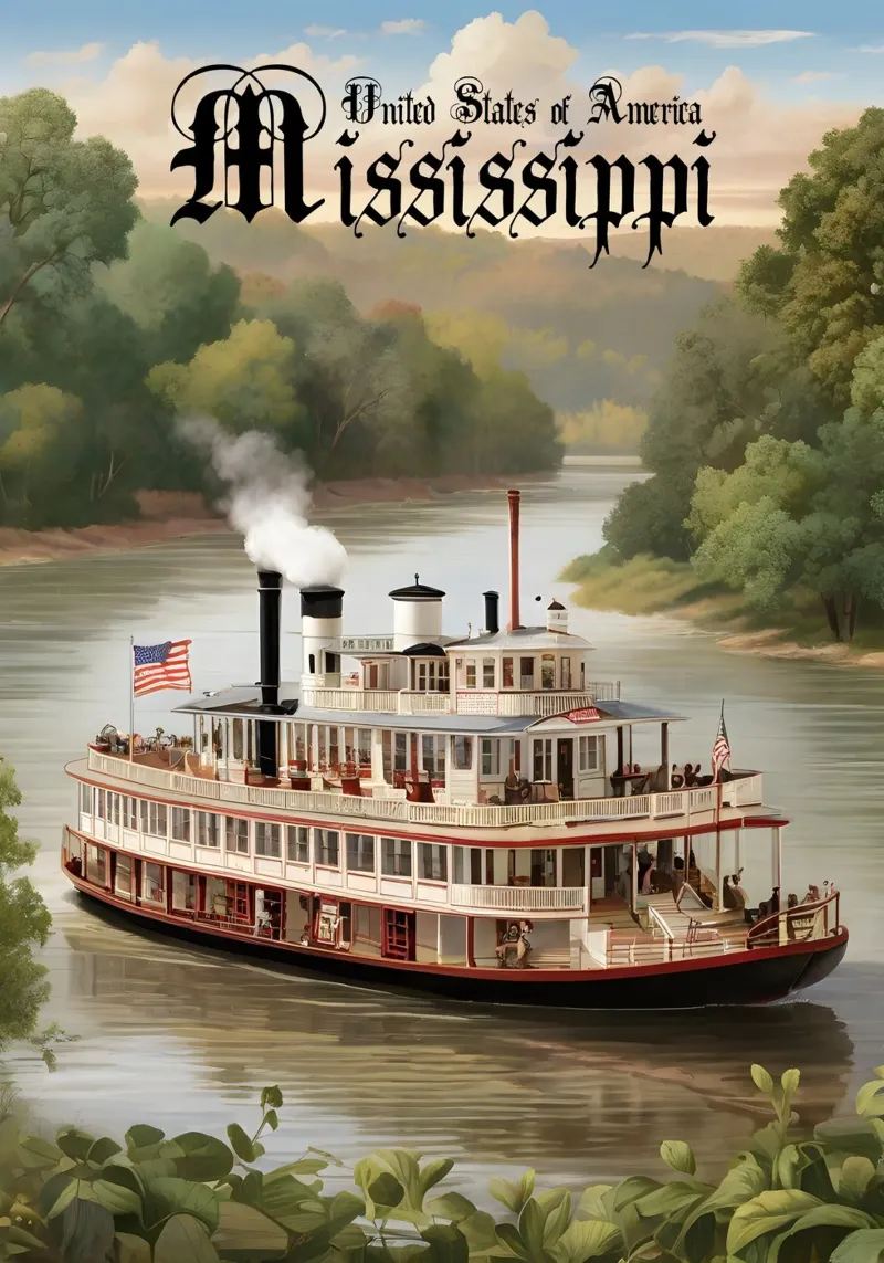 Mississippi Paddle Steamer Scene poster da Charnwood Prints