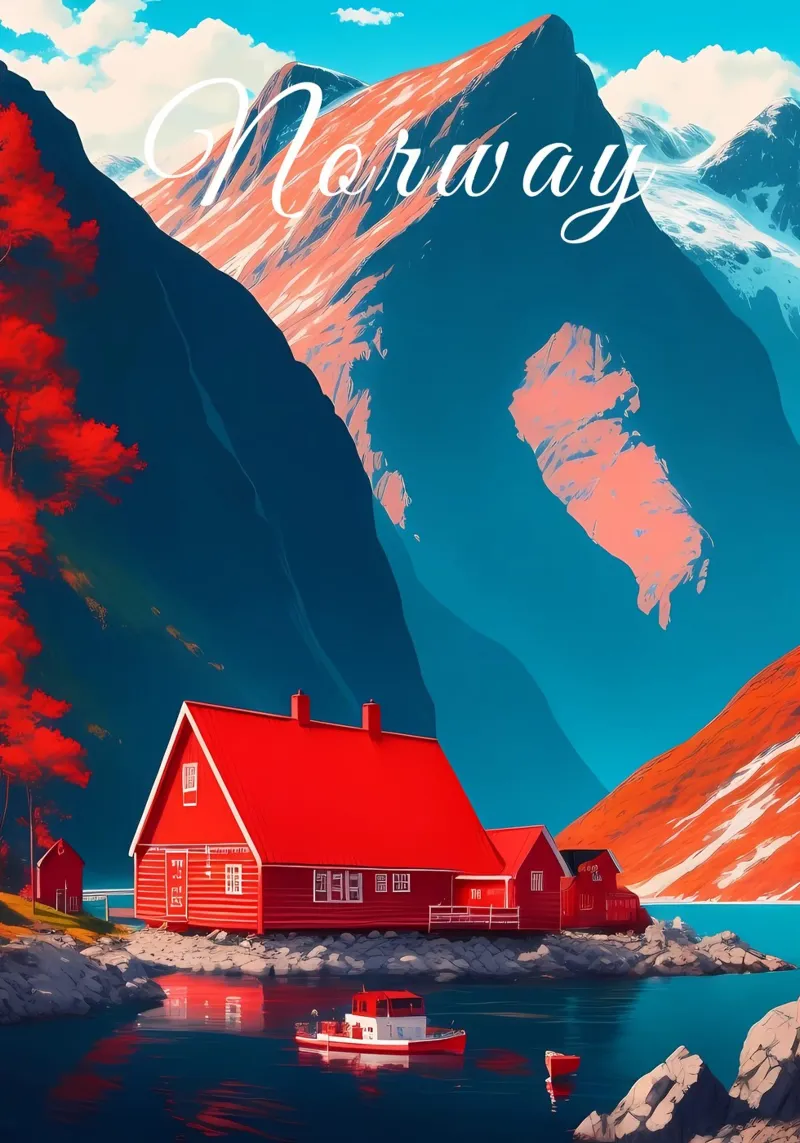 Scena dei fiordi norvegesi poster con telaio in plastica da Charnwood Prints
