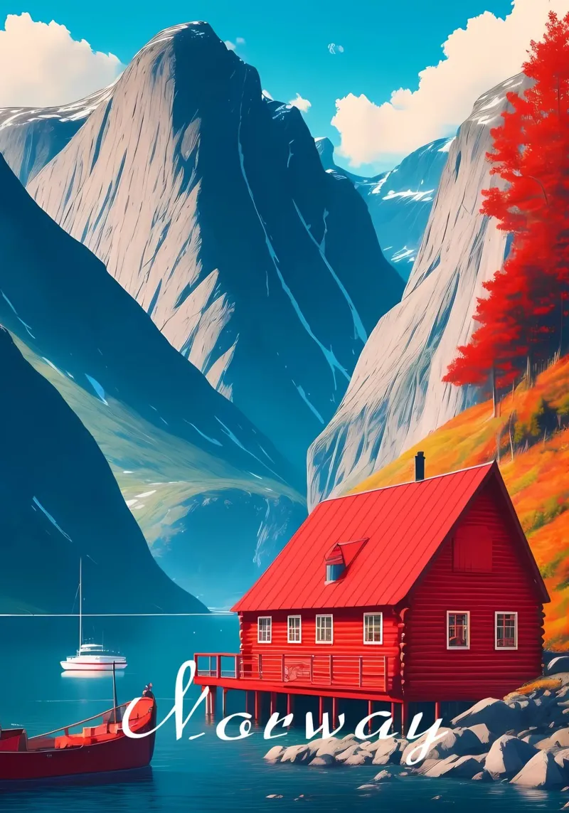 Noorwegen Fjord Scène canvas met Baklijst van Charnwood Prints