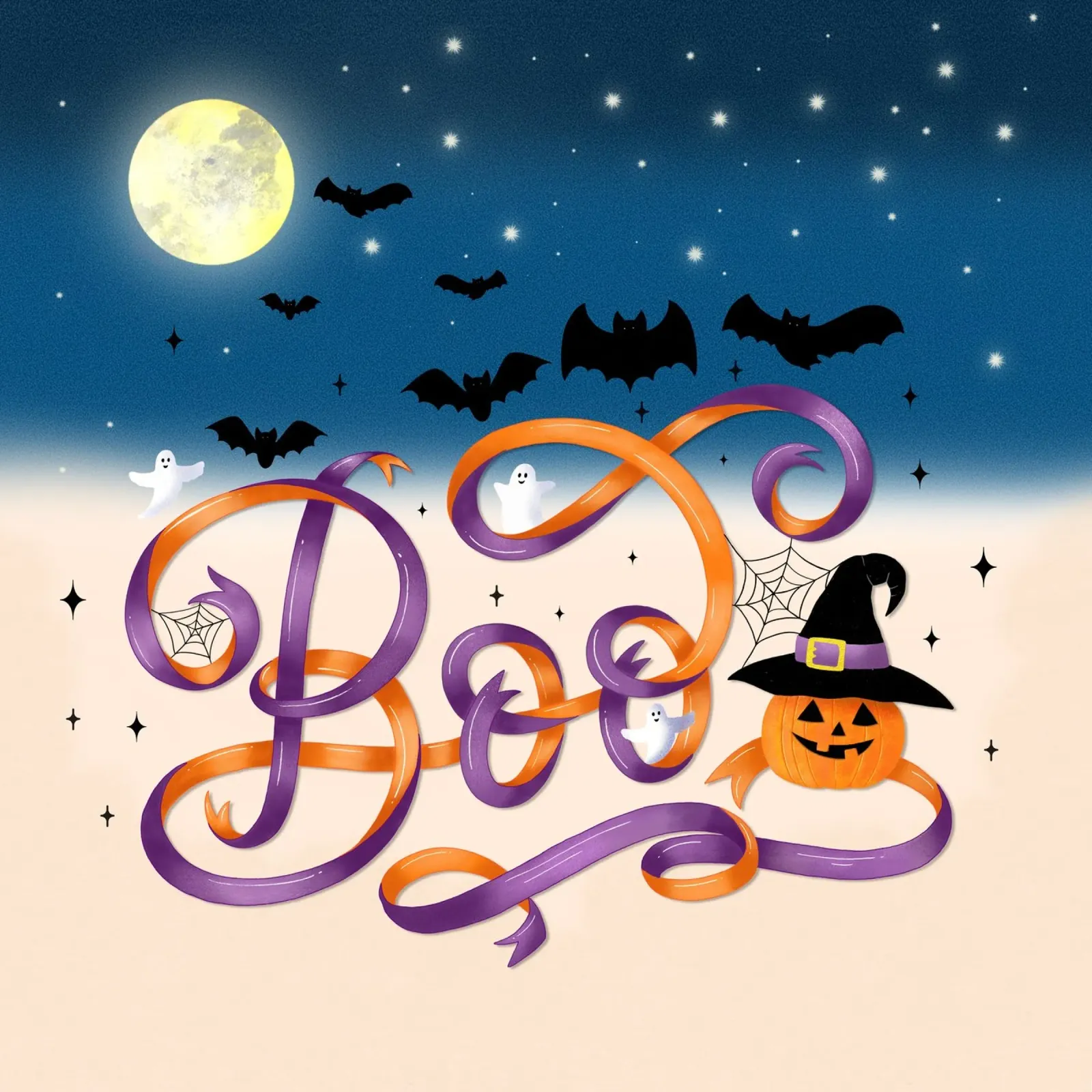 Halloween Boo. Zucca, pipistrelli, luna e ragnatele alluminio dibond da CalliLetters