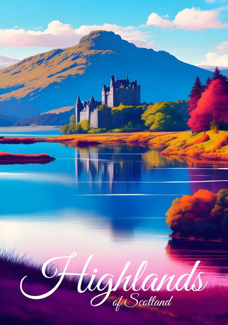 Scena delle Highlands scozzesi poster con telaio in alluminio da Charnwood Prints