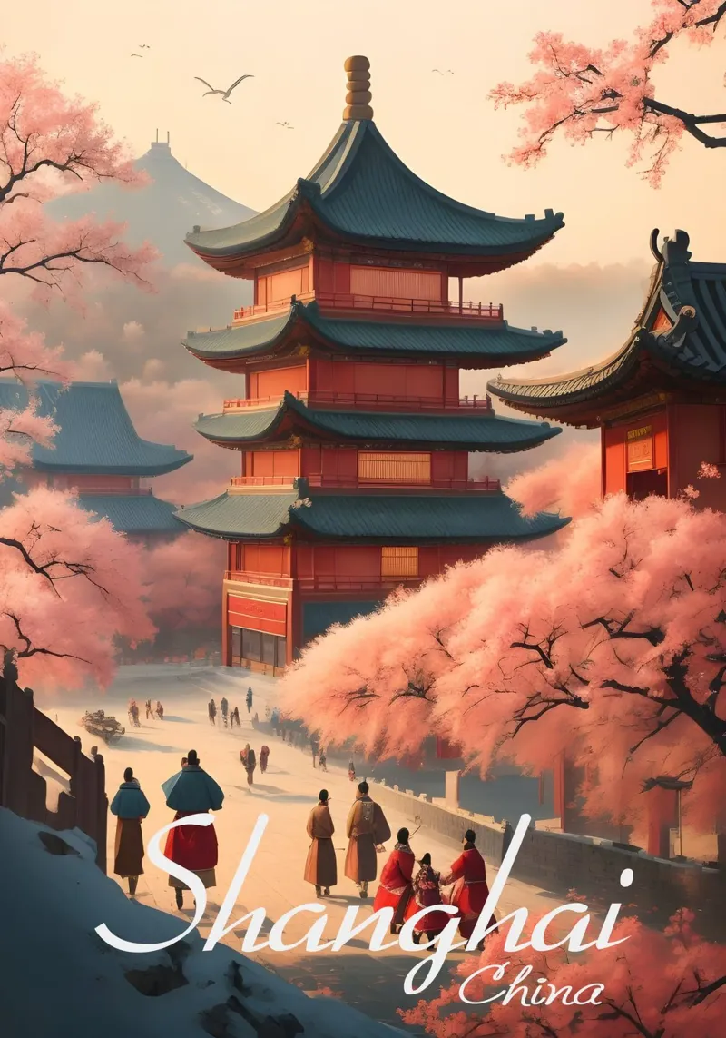 Scena di Shanghai poster con telaio in plastica da Charnwood Prints