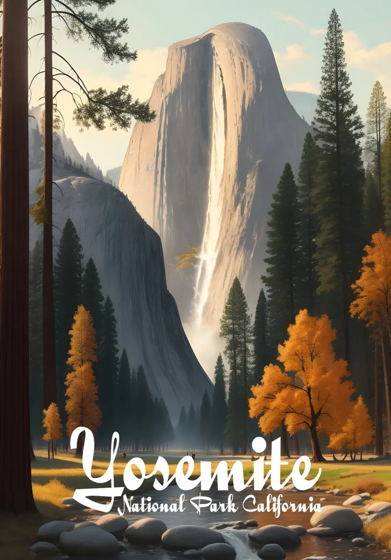 Scena del Parco Nazionale dello Yosemite in California poster con telaio in legno da Charnwood Prints